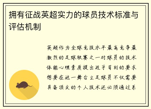 拥有征战英超实力的球员技术标准与评估机制