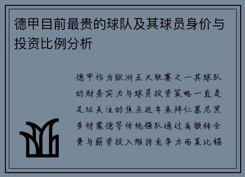 德甲目前最贵的球队及其球员身价与投资比例分析